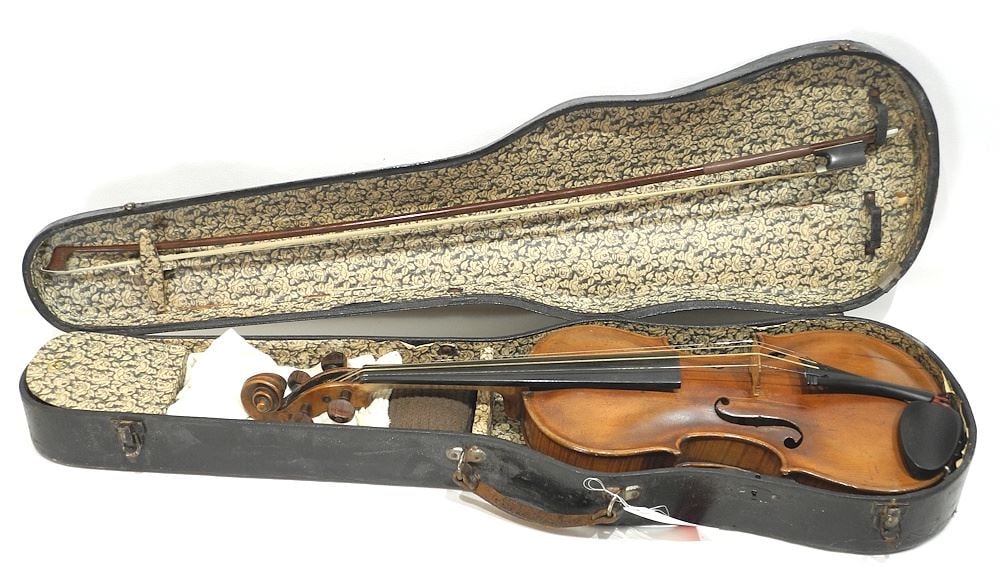 19th C. Violin (unsigned) with Bow (unsigned) in Case, 23 3/4"L. (1 of 4)