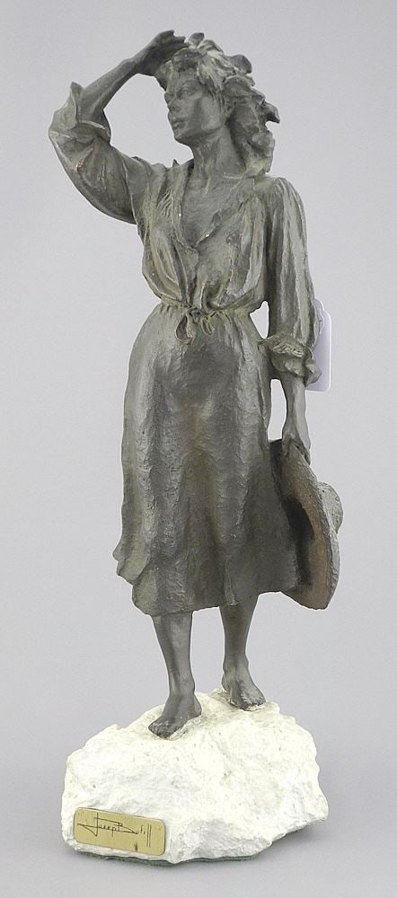 Bronze Resin Sculpture signed Joseph Bofill, 14 3/4"h, "Lady Clutching Hat". (1 of 5)