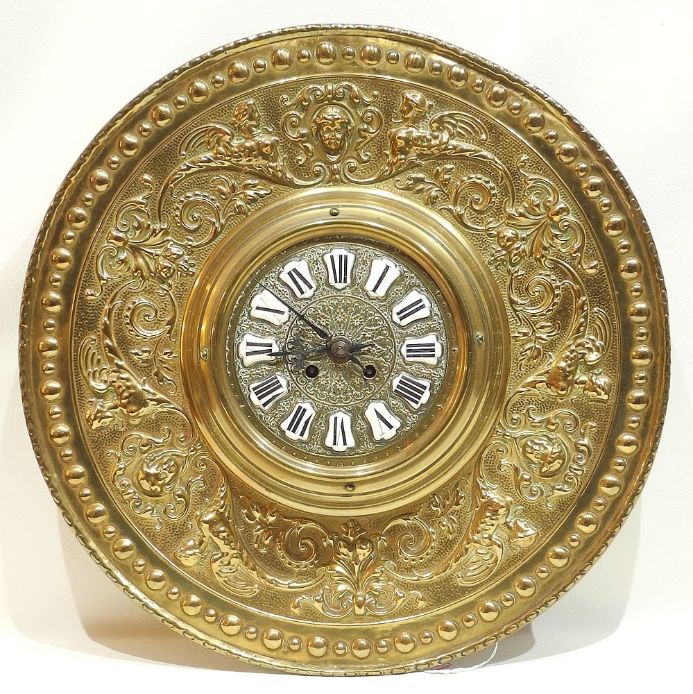 19th C. Brass Wall Clock With Key, 17 1/2" Diameter. (1 of 4)
