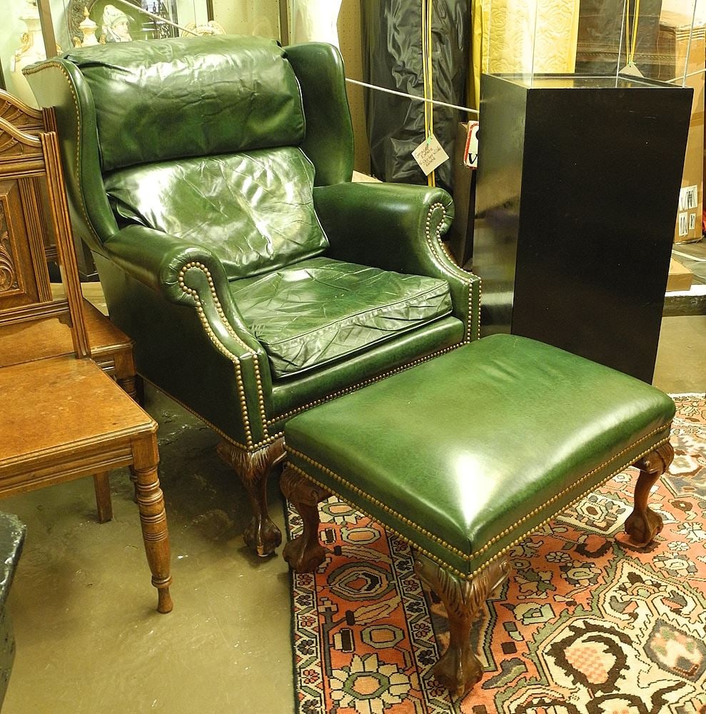 Hancock & Moore North Carolina Green Leather Wingback Armchair & Ottoman, 40 1/2"h. (1 of 1)