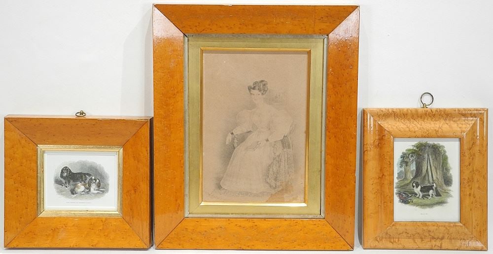 Three Burr Maple Framed Lithographs of Portrait & Dogs, largest 10" x 7" (1 of 4)