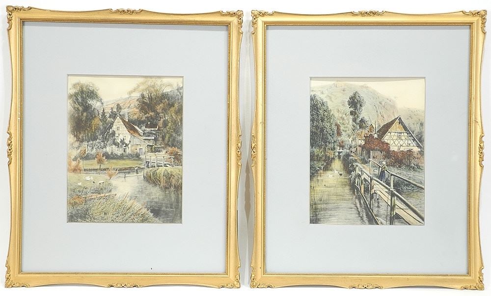 Pair of Lithographs signed Merker, 10 x 7 3/4", "Village Scenes". (1 of 6)
