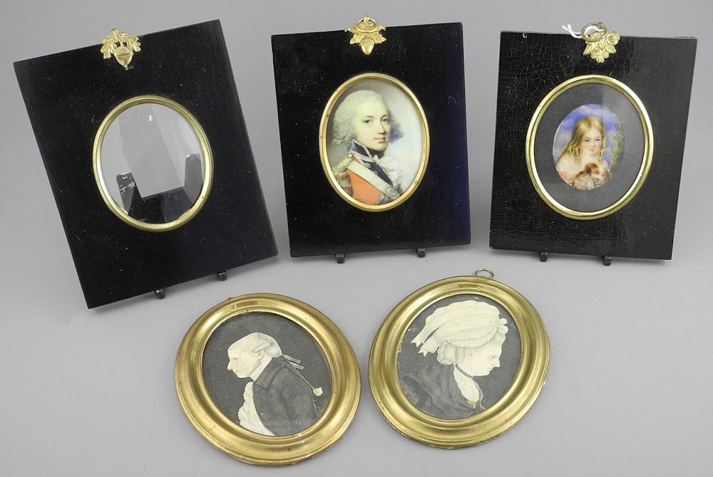 Two Framed Miniatures with a Third Frame and Two Silhouettes. Miniatures (1 of 4)