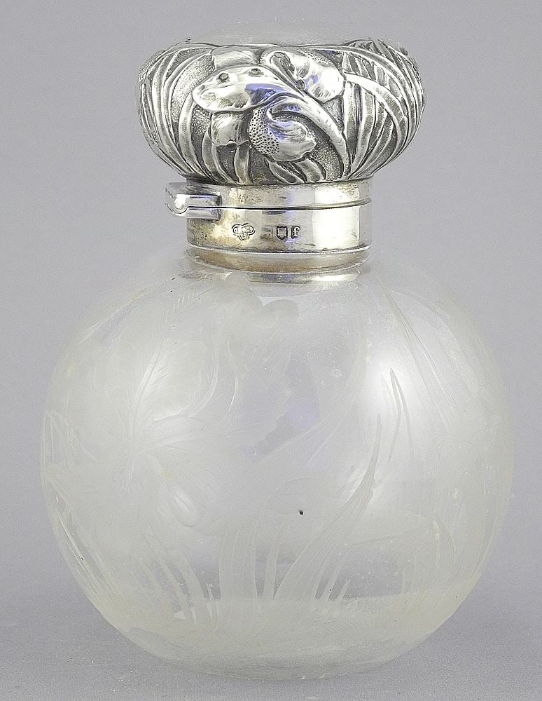 Antique Hallmarked Wheel Cut Iris Perfume Bottle, LONDON C & Company Ltd., Small F (back of lid (1 of 3)