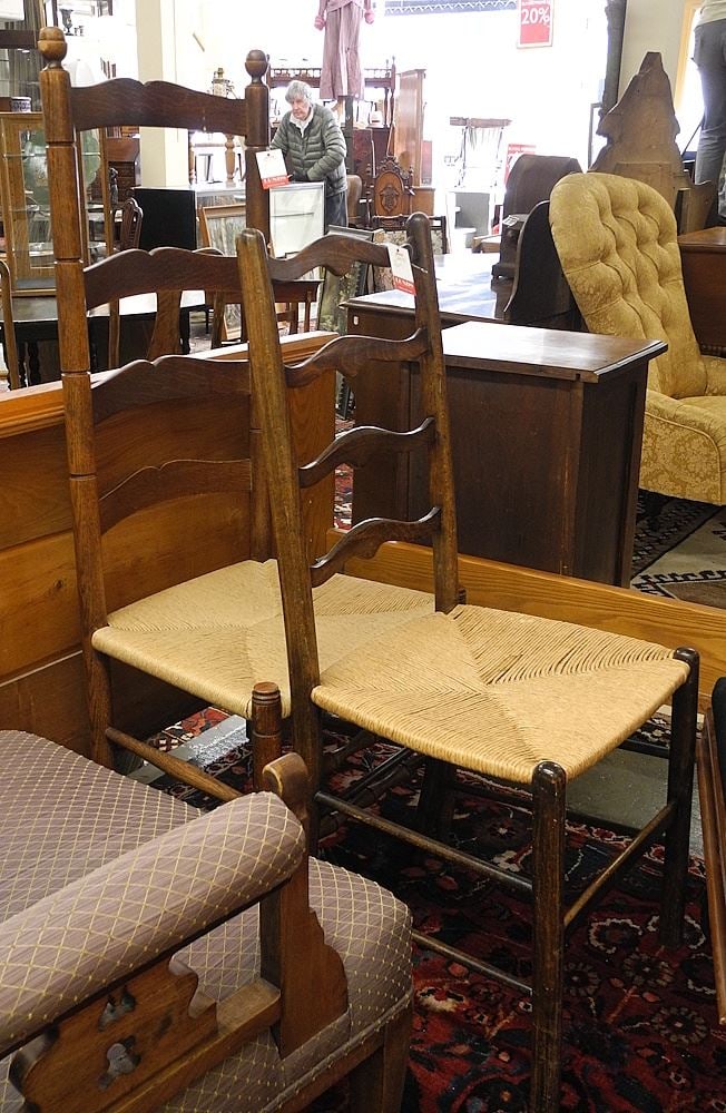 Two Ladder Back Oak Chairs: Oak & Birch, 48 & 39" High. (1 of 1)