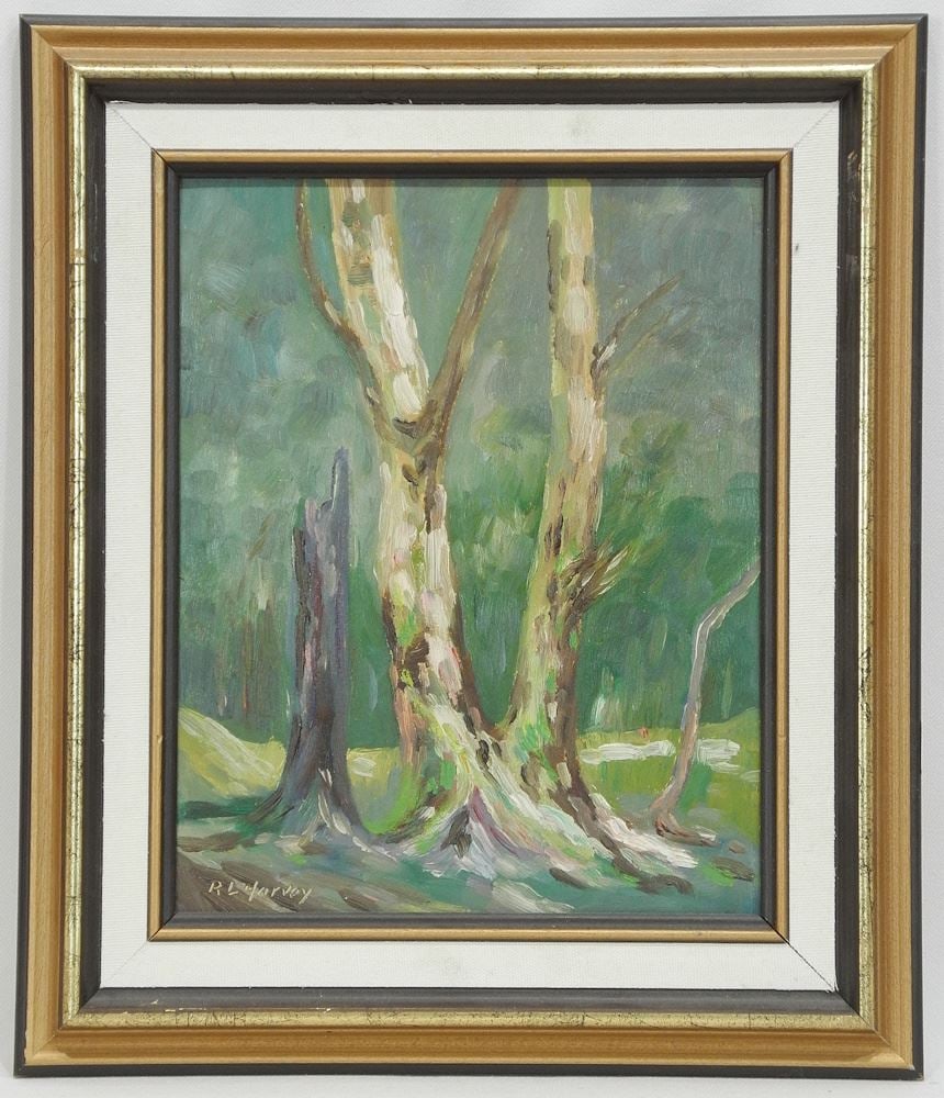 Oil on Board signed R.L. Harvey, 10 x 8", "Stand of Trees".: Oil on Board signed R.L. Harvey, 10 x 8", "Stand of Trees".