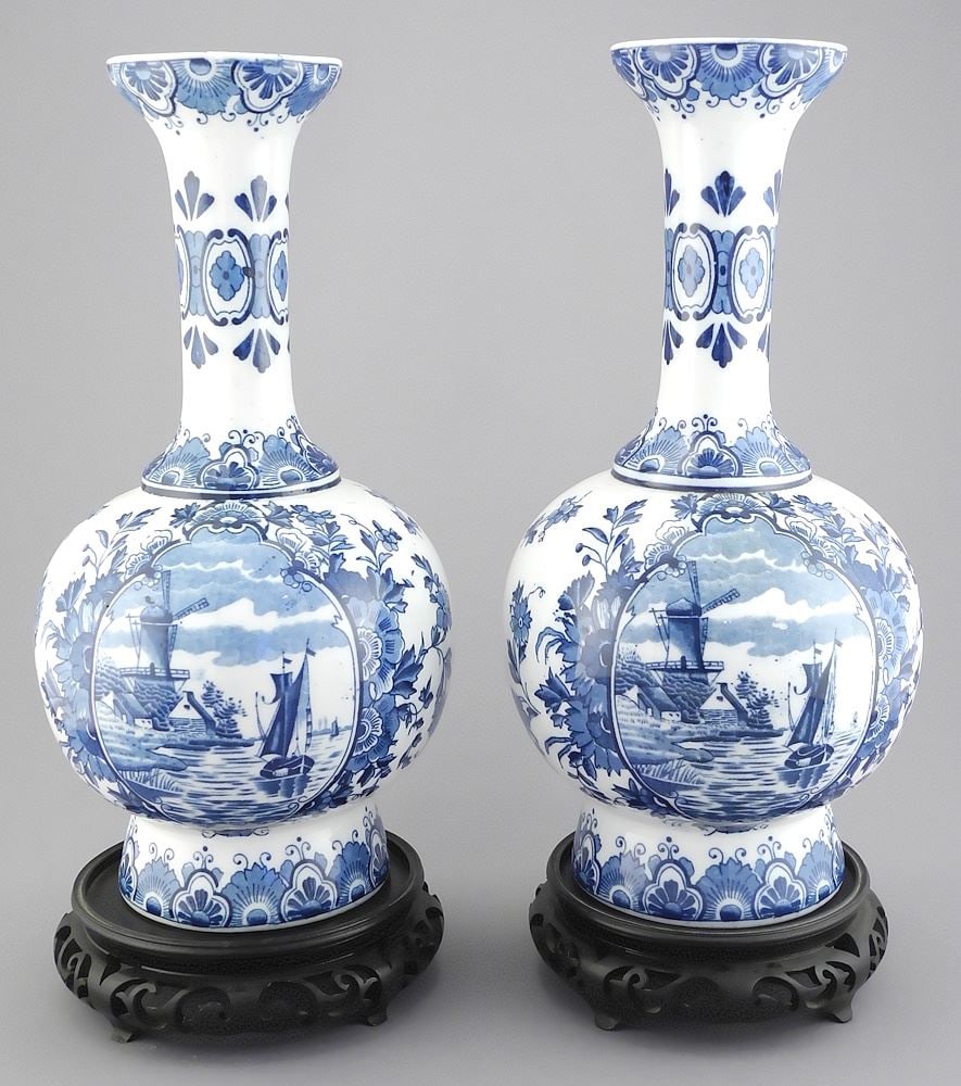 Pair of Delfts Vases, 12"h with Stands. (1 of 4)