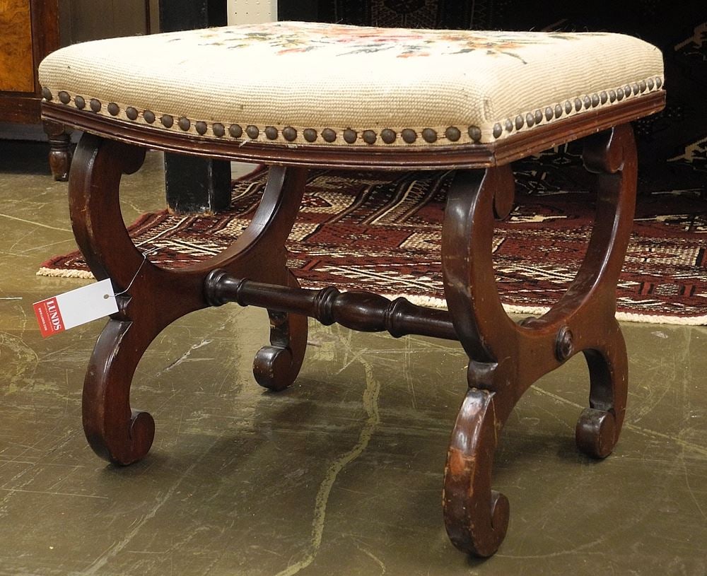 Vander Ley Brothers Michigan \ Mahogany Trestle Footstool, 15 3/8"h: Vander Ley Brothers Michigan \ Mahogany Trestle Footstool, 15 3/8"h