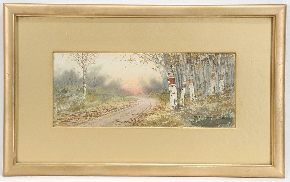 Watercolour signed C.R.Raymond, 4 1/8 x 10 1/8", "Roadside Birches".: Watercolour signed C.R.Raymond, 4 1/8 x 10 1/8", "Roadside Birches".