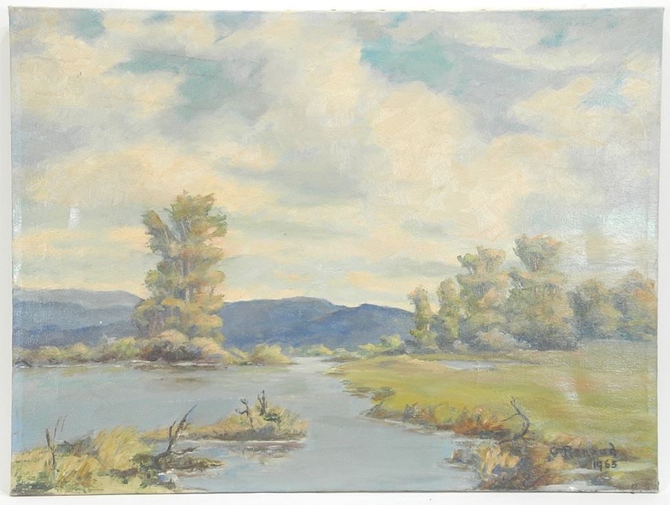 Oil on Canvas C.(Clarice M) Renaud 1965, 18 x 24", "Scene Near Alouette River".: Oil on Canvas C.(Clarice M) Renaud 1965, 18 x 24", "Scene Near Alouette River".