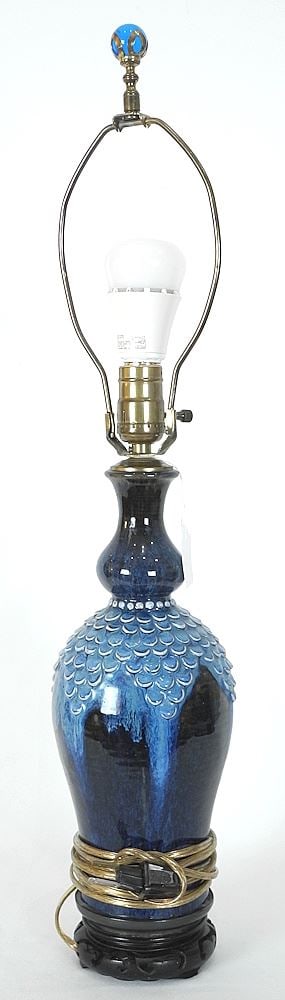 Blue Glazed Pottery Table Lamp, 26 1/2" to Finial (1 of 4)