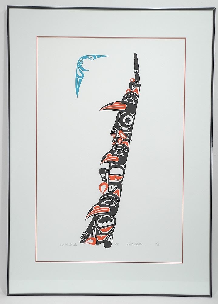 Gitksan  Rarrier Serigraph signed Robert Sebastian, 27 1/2 x 18", Owl Clan Totem Pole #42/90, 19 (1 of 5)