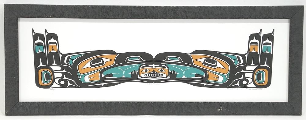 Kwagiulth Serigraph signed Kevin Daniel Cranmer, 7 1/2 x 24 1/2", "Chilkat Raven" #115/200. (1 of 4)