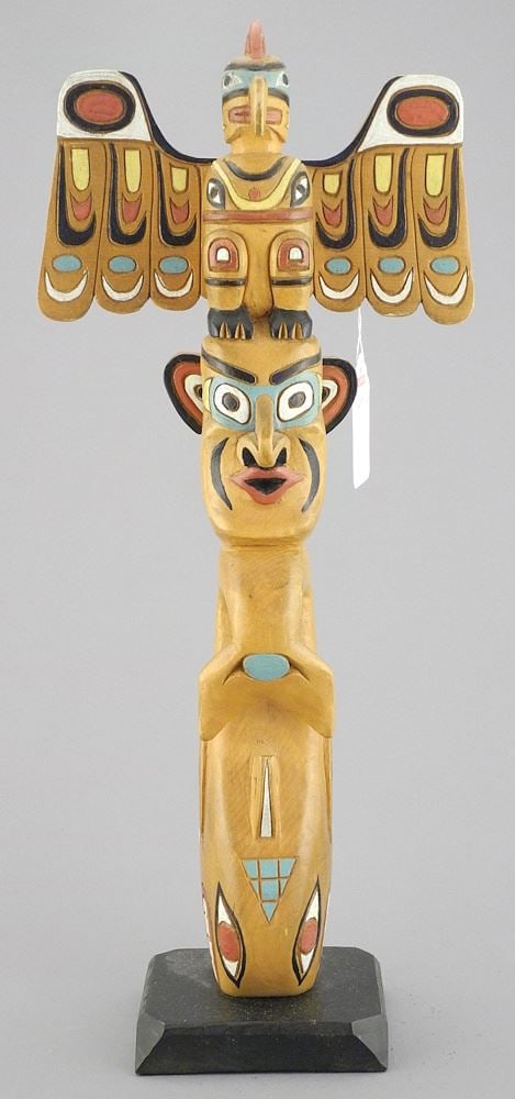 Northwest Coast Model Totem Pole signed Sam Lockerby Port Essington Skeena BC. (1 of 3)