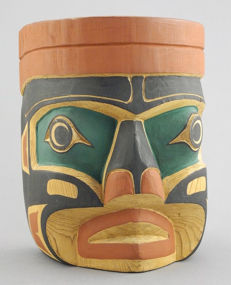 Kwagiulth Cedar Human Mask signed Oscar Matilpi, 7 1/4"h.: Kwagiulth Cedar Human Mask signed Oscar Matilpi, 7 1/4"h.