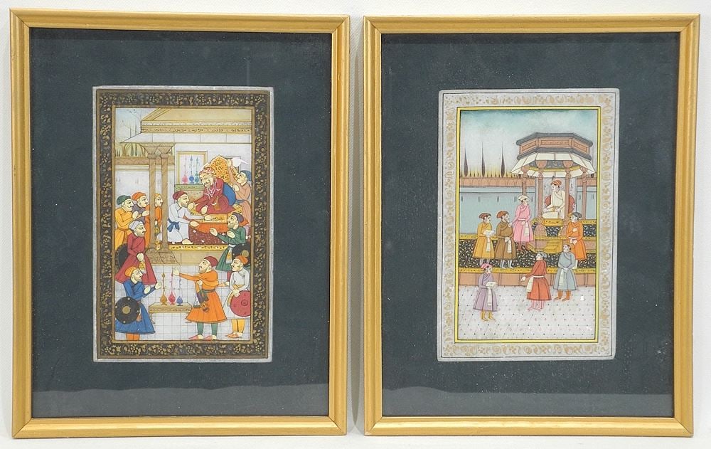 Pair of Mughal Miniatures on Marble, 6 x 4", "Court Scenes".: Pair of Mughal Miniatures on Marble, 6 x 4", "Court Scenes".