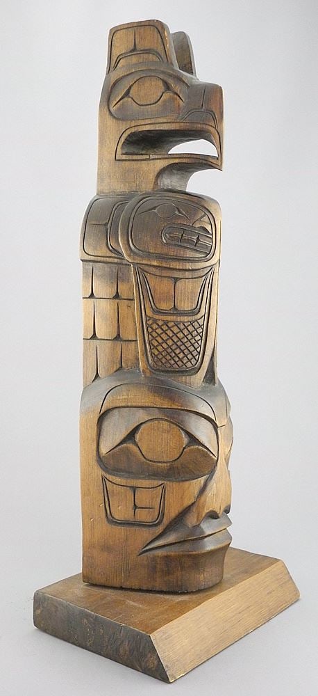 Northwest Coast Model Totem Pole Signed Jim Yelton N.Van BC, 18 1/2" high.
