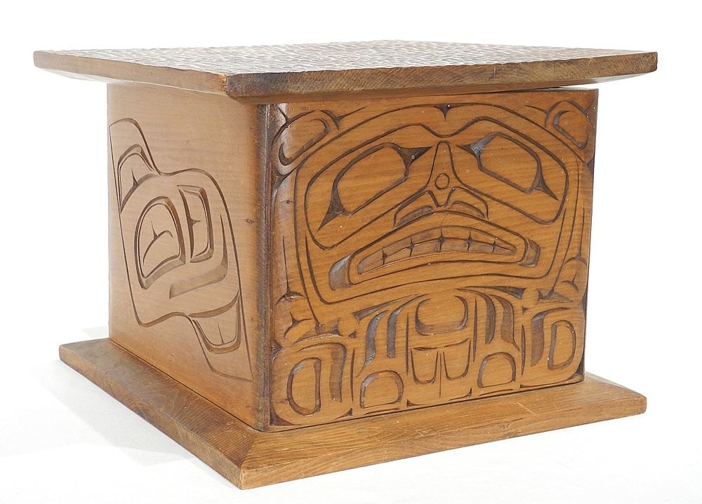 Kwagiulth Bentwood Box signed Sampson Robertson, 8 5/8 x 11 1/2 x 11 1/2", "Bear & Salmon De (1 of 6)