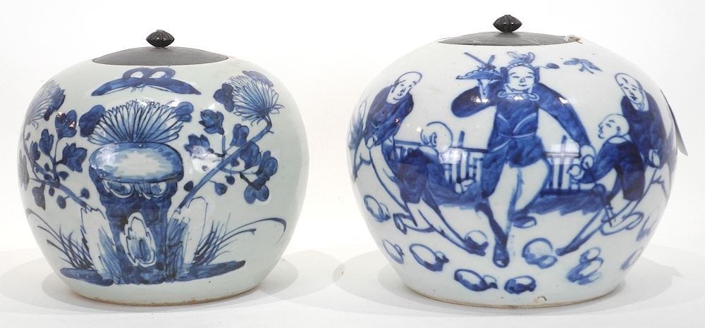 Two Chinese Underglaze Blue Jars, One White/One Celadon, 6 1/4 x 6 1/2 "h. (1 of 4)