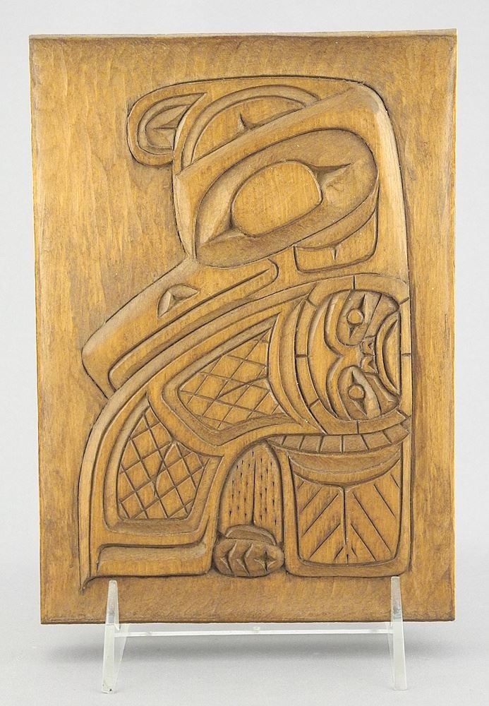 Tsimshian Panel Carving signed Ray Wesley, 7 5/8 x 5 1/2", "Thunderbird & Sun".: Tsimshian Panel Carving signed Ray Wesley, 7 5/8 x 5 1/2", "Thunderbird & Sun".
