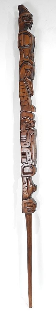 Kwagiulth Talking Stick signed Willie Hawkins Kingcome Inlet, 61"h.: Kwagiulth Talking Stick signed Willie Hawkins Kingcome Inlet, 61"h.