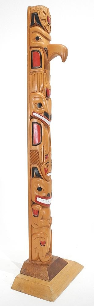 Unsigned "Coastal Haida Raven Whale Bear" Model Totem Pole, Jan.1/1997, 27"h.: Unsigned "Coastal Haida Raven Whale Bear" Model Totem Pole, Jan.1/1997, 27"h.