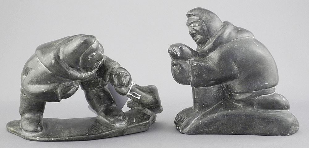 Two Inuit Stone Carvings signed Nowya, 4 & 5", "Hunters with Seals". (1 of 6)