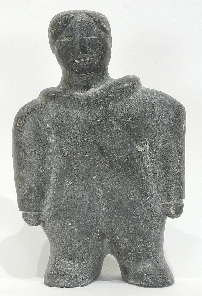 Inuit Stone Figure signed with Syllabics 2955, 9 1/8"h, "Woman with Baby in Amauti". (1 of 2)