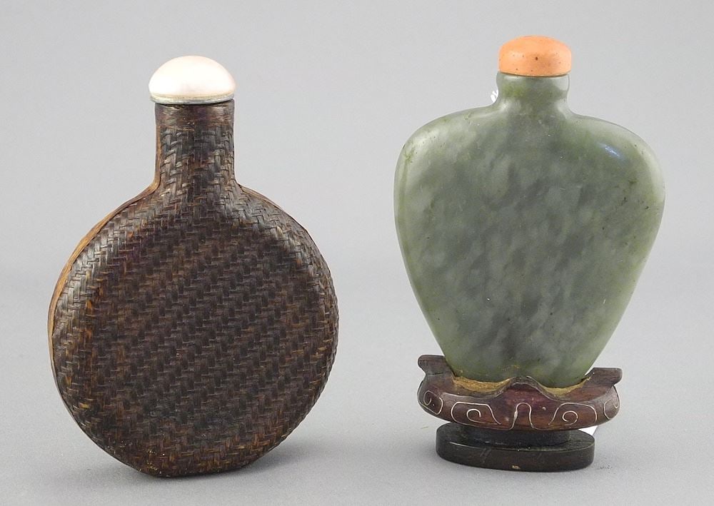 Two Chinese Snuff Bottles: Basket Weave Woven Fibre Style (3 3/8"h) & Serpentine, 3"h. (1 of 2)
