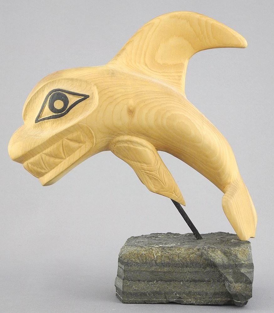 Haida Wood Sculpture on Wood Base signed Roy Collison, 7 3/8"h, "Killer Whale".: Haida Wood Sculpture on Wood Base signed Roy Collison, 7 3/8"h, "Killer Whale".