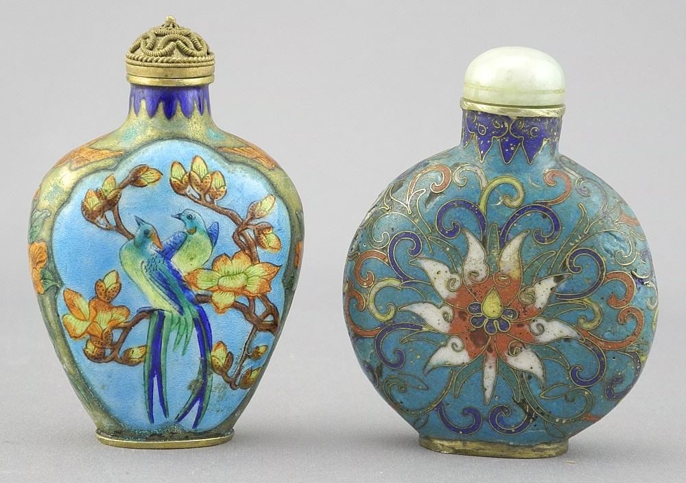 Two Chinese Snuff Bottles: Cloisonne Lotus (2 5/8") & Filigree Cap Enamel , 2 3/4". (1 of 7)