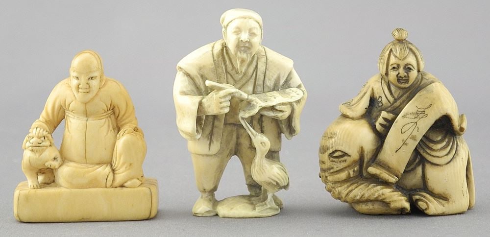 Three Japanese Netsuke: Figures with Animals, 1 5/8-2" High, 63.3 Grams, No Export. (1 of 3)