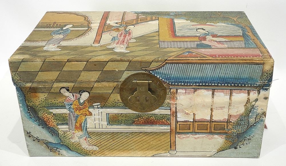 19th C. Chinese Painted Leather Trunk, 8 x 17 x 10" (scuffs/loses noted). (1 of 3)