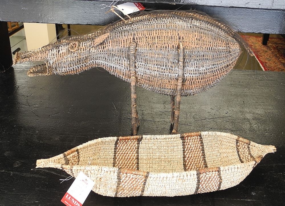 Papua New Guinea Woven Fibre Pig (24"L) & Gambela Ethiopia Canoe Basket, 21"L. (1 of 1)