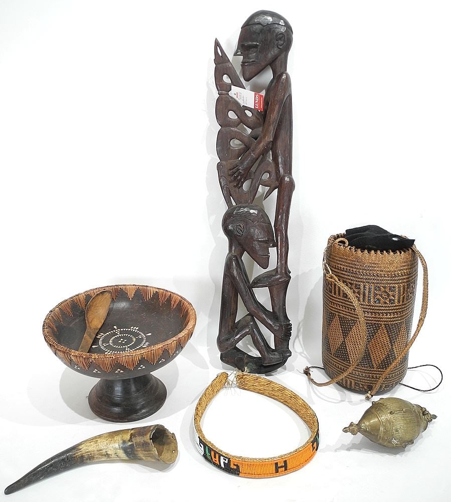 Collection of African Carvings / Basketry / Beaded Items, 1 1/2 - 33": Collection of African Carvings / Basketry / Beaded Items, 1 1/2 - 33"