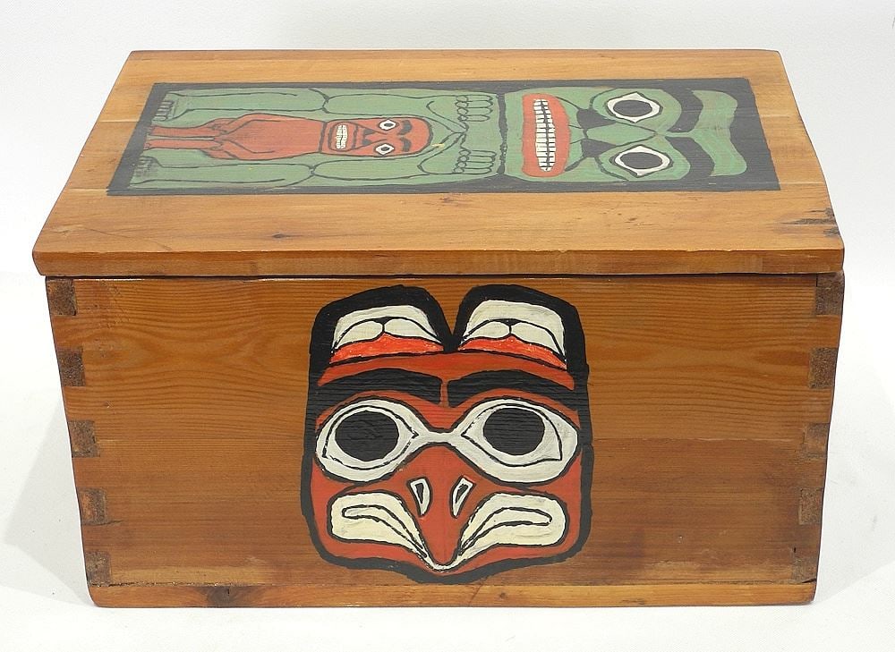 Northwest Coast Painted Cedar Box signed Eldon Schmidt, Kitimat BC, 7 1/2 x 14 x 10". (1 of 3)