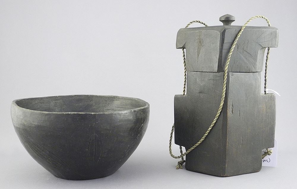 Zulu Pottery Bowl (3 1/2 x 7" diam.) & African Wooden Container, 8"h.: Zulu Pottery Bowl (3 1/2 x 7" diam.) & African Wooden Container, 8"h.