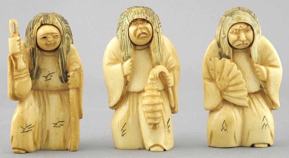 Three Japanese Revolving Netsuke of Actors, apx.2" High, 62.6 Grams, No Export. (1 of 3)