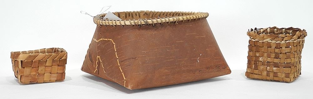 Three First Nations Baskets: Bark (9 3/4"w) & Two Cedar, 2 1/2 & 4"h. (1 of 3)