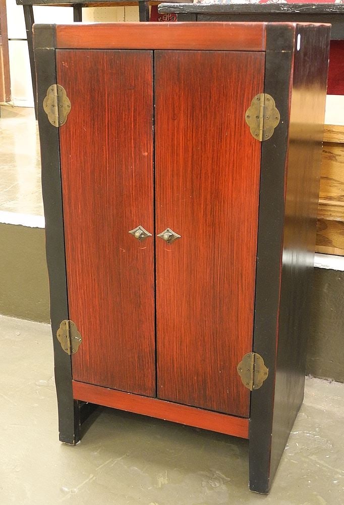 Petite Chinese Scarlet Lacquer & Black Double Door Cabinet, 31 1/2"h. (1 of 3)