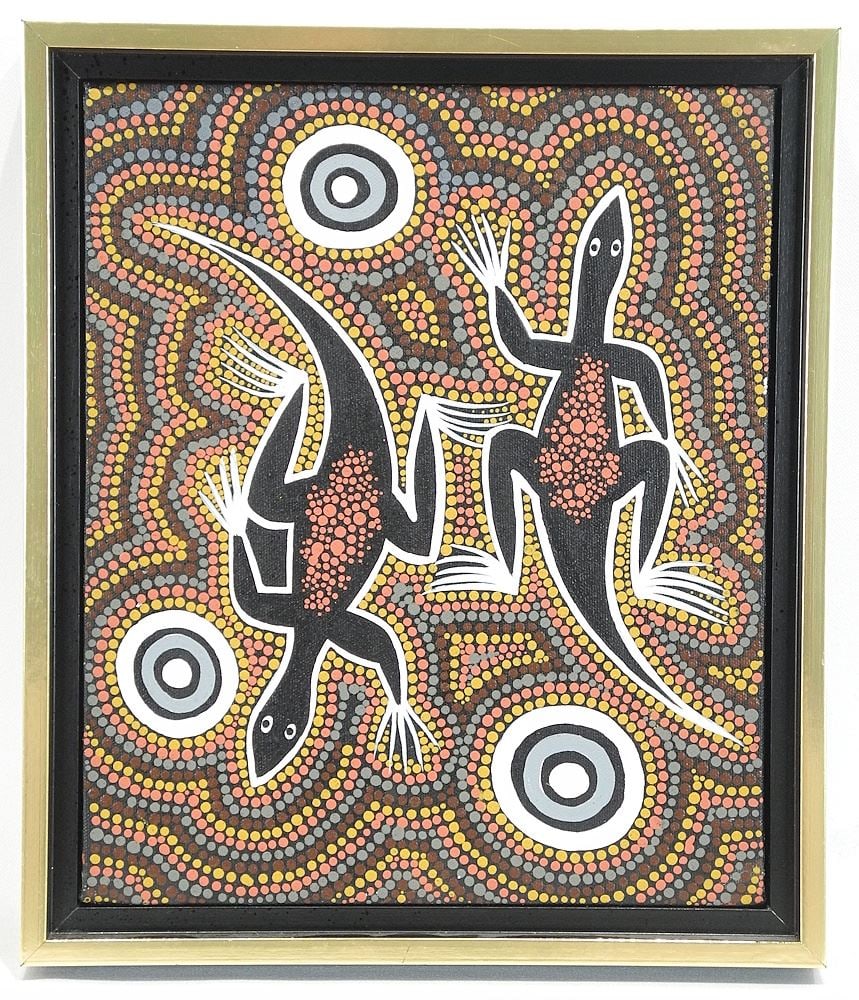 Unsigned Western Australian Oil on Canvas, 11 7/8 x 9 7/8", "Two Lizards".: Unsigned Western Australian Oil on Canvas, 11 7/8 x 9 7/8", "Two Lizards".
