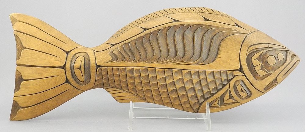 Coast Salish Plaque signed Ron Aleck , 14 1/2"w, "Halibut".: Coast Salish Plaque signed Ron Aleck , 14 1/2"w, "Halibut".