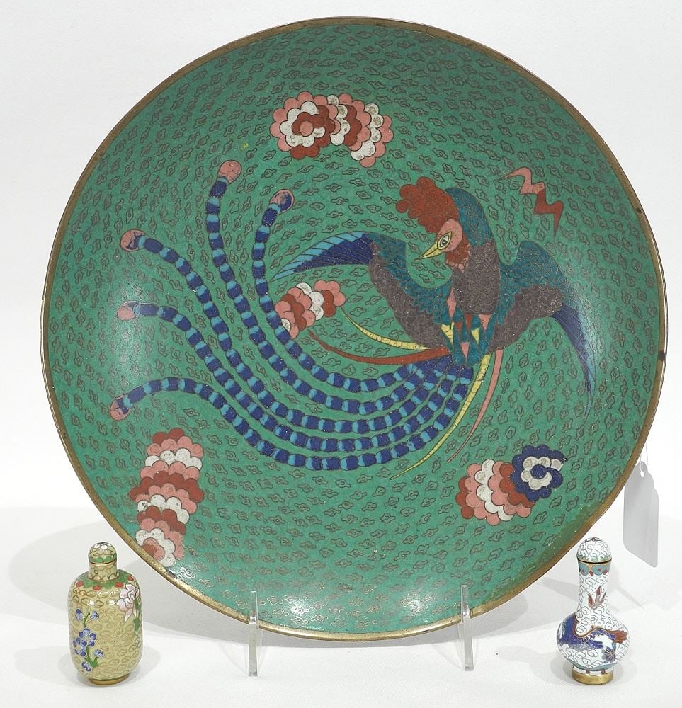 Three Cloisonne Items: Japanese Dish (11" diameter / edge bumped) & Two Chinese Snuff Bottles. (1 of 3)