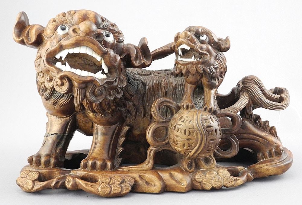 Japanese Carved Hardwood Shishi & Pup, 9 5/8"w.: Japanese Carved Hardwood Shishi & Pup, 9 5/8"w.