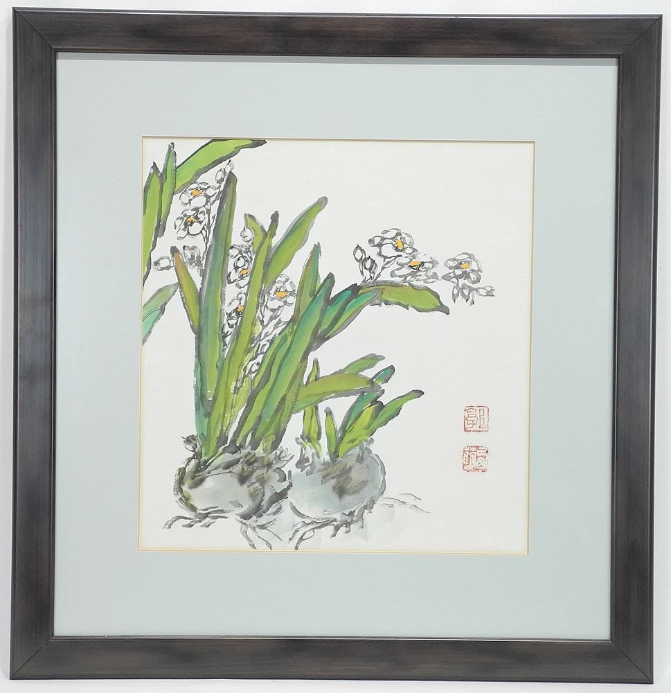 Ink & Colour Painting signed Simone Guo, 14 x 13 1/8", "Narcissus".: Ink & Colour Painting signed Simone Guo, 14 x 13 1/8", "Narcissus".