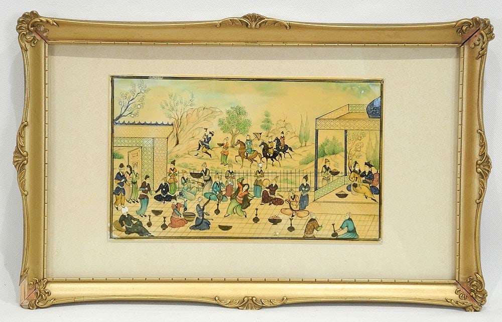 Persian Miniature Painting "Elaborate Court Scene", 4 5/8 x 7 3/4".: Persian Miniature Painting "Elaborate Court Scene", 4 5/8 x 7 3/4".