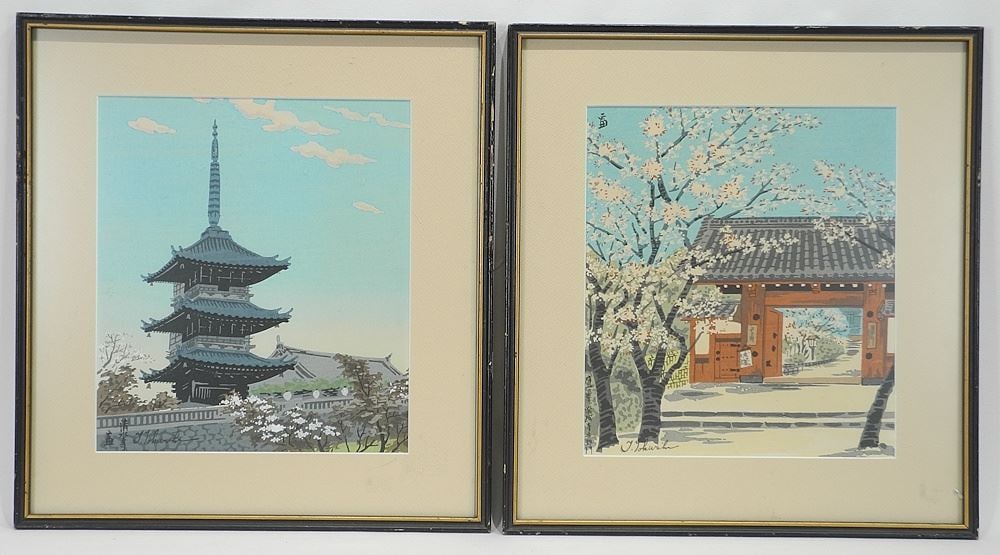 Two Woodblock Prints by Tokuriki Tomikichiro, 10 3/8 x 9", "Kyoto Temple & Gate".: Two Woodblock Prints by Tokuriki Tomikichiro, 10 3/8 x 9", "Kyoto Temple & Gate".