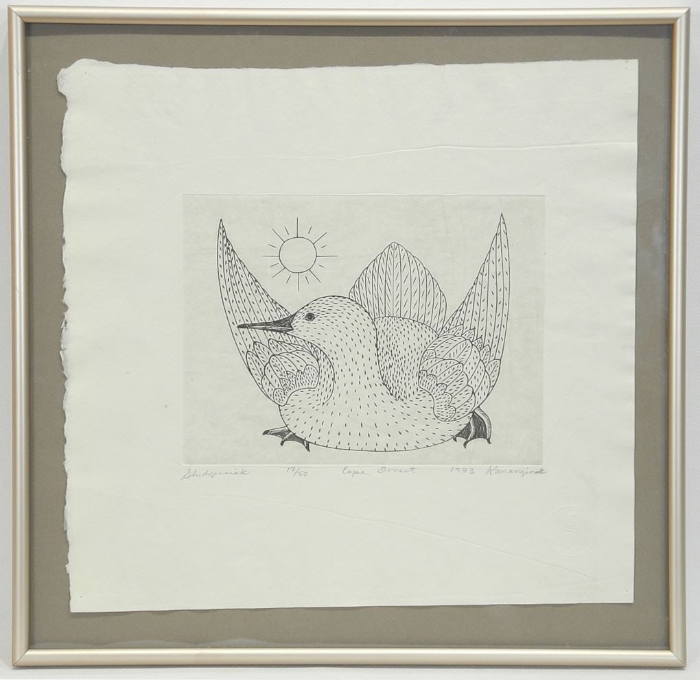 Inuit Etching signed Kananginak 1973 , Sheet 12 x 12 1/2", "Shidgerria K" #17/50. (1 of 4)