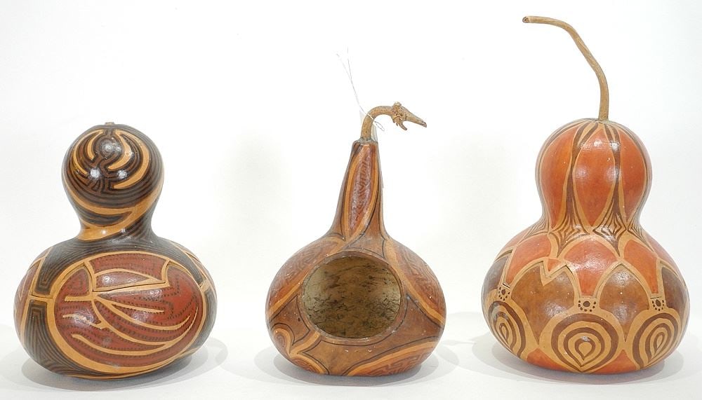 Three Peruvian Gourds C.1960's, 10 - 13"h. (1 of 3)
