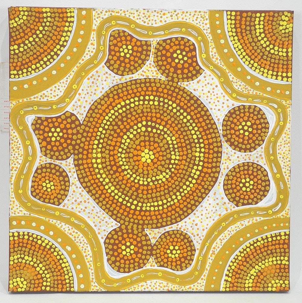 Australian Oil on Canvas signed Molley Frank Verso, 15 1/2 x 15 1/2" , "Untitled" 03/04/2013.: Australian Oil on Canvas signed Molley Frank Verso, 15 1/2 x 15 1/2" , "Untitled" 03/04/2013.